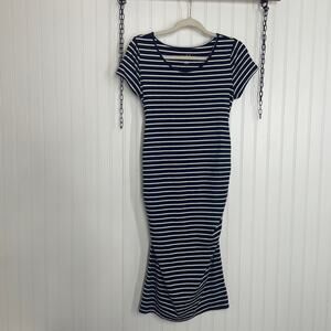 Isabel Maternity Navy Blue & White Striped Ruched Side Short Sleeve Dress Size S